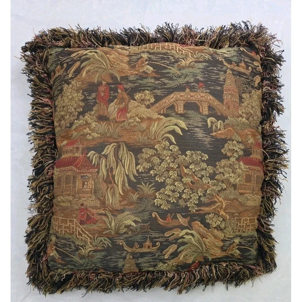 Tapestry Pillow‎ Kyoto Black Fringe Chinoiserie 20